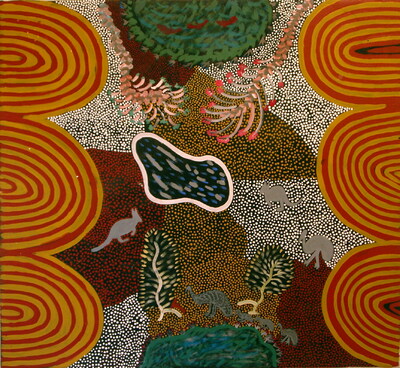 Ada Bird Petyarre: Kangaroo & Emu at Waterhole, Honey Grevillea 1998